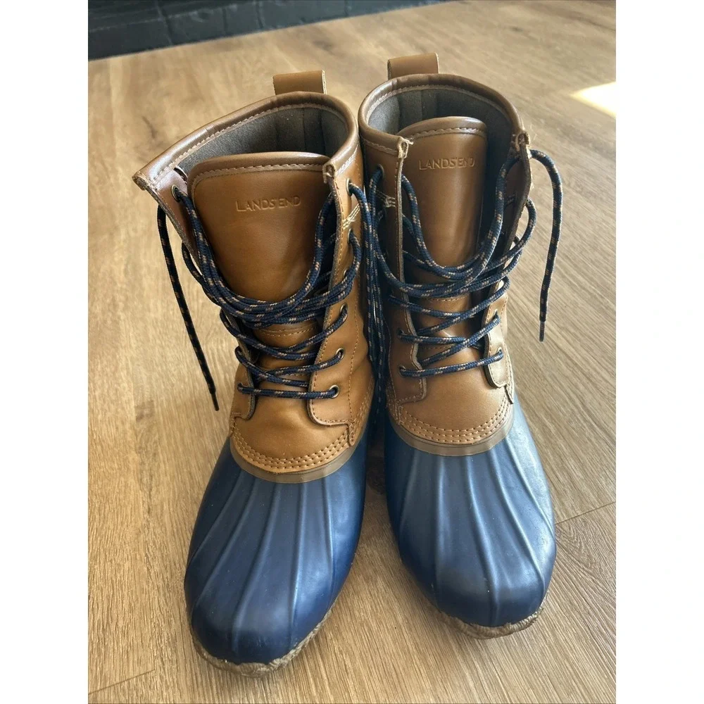 Lands' End Insulated Flannel Lined Duck Boots Brown Blue Size 9B